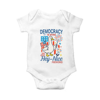 Funny Patriotic Goose Holding Firework Baby Onesie Funny Democracy Is Dying But Hey Nice Fireworks 4th Of July