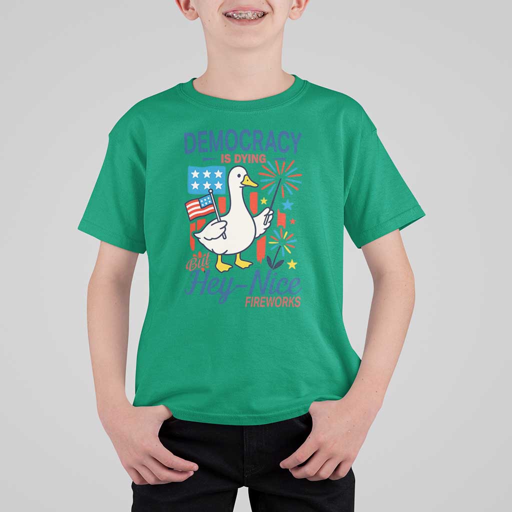 Funny Patriotic Goose Holding Firework T Shirt For Kid Funny Democracy Is Dying But Hey Nice Fireworks 4th Of July