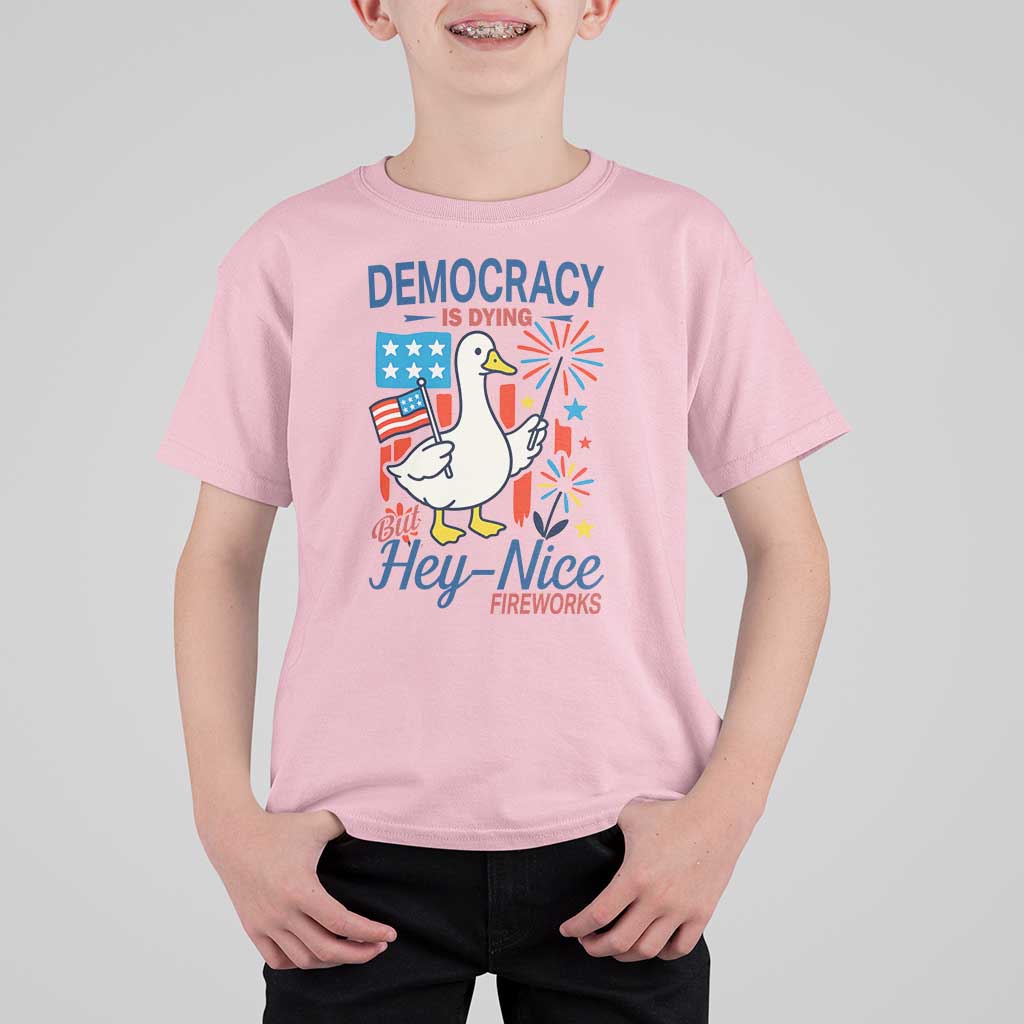 Funny Patriotic Goose Holding Firework T Shirt For Kid Funny Democracy Is Dying But Hey Nice Fireworks 4th Of July
