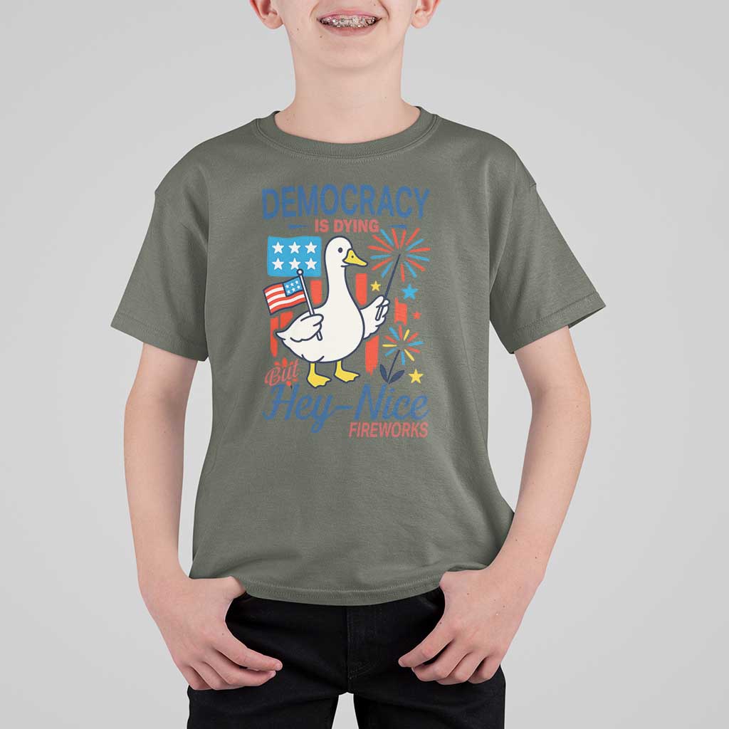 Funny Patriotic Goose Holding Firework T Shirt For Kid Funny Democracy Is Dying But Hey Nice Fireworks 4th Of July