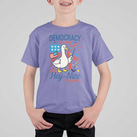 Funny Patriotic Goose Holding Firework T Shirt For Kid Funny Democracy Is Dying But Hey Nice Fireworks 4th Of July