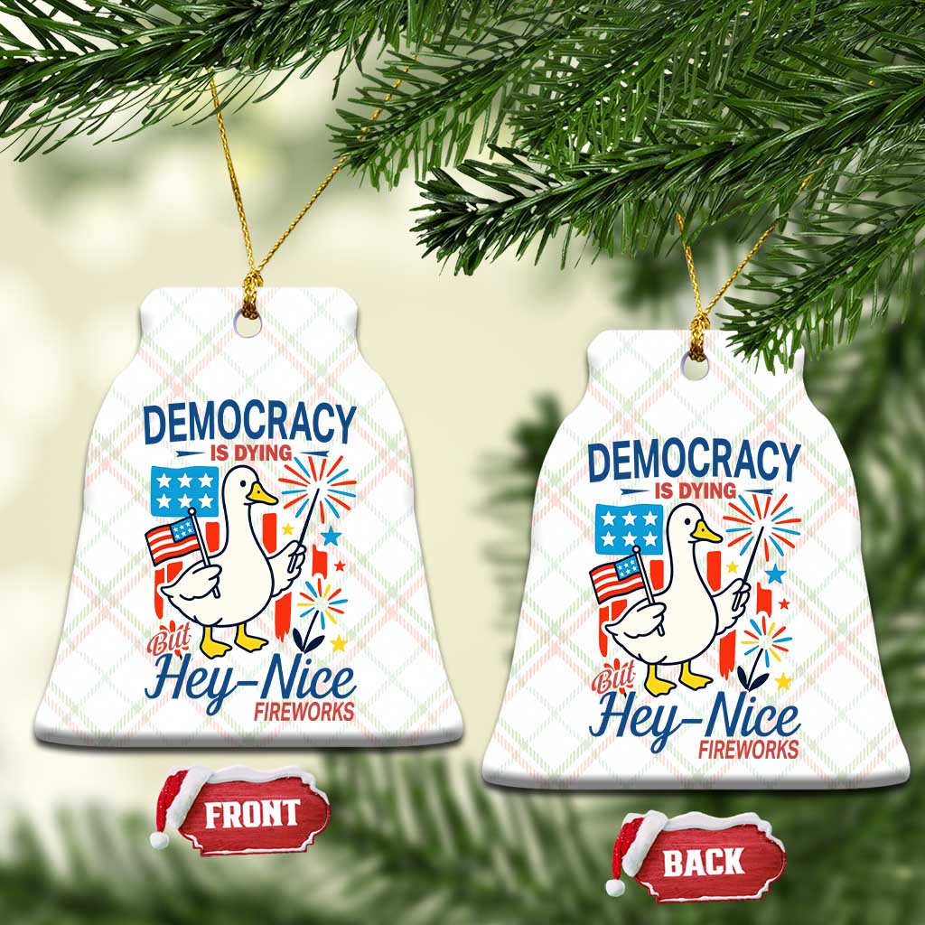 Funny Patriotic Duck Holding Firework Ceramic Ornament Funny Democracy Is Dying But Hey Nice Fireworks 4th Of July - Wonder Print Shop