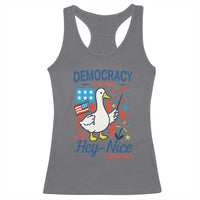 Funny Patriotic Goose Holding Firework Racerback Tank Top Funny Democracy Is Dying But Hey Nice Fireworks 4th Of July