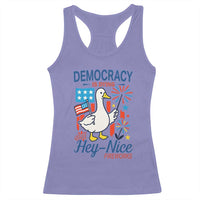 Funny Patriotic Goose Holding Firework Racerback Tank Top Funny Democracy Is Dying But Hey Nice Fireworks 4th Of July