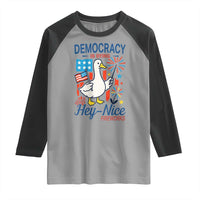 Funny Patriotic Duck Holding Firework Raglan Shirt Funny Democracy Is Dying But Hey Nice Fireworks 4th Of July