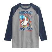 Funny Patriotic Duck Holding Firework Raglan Shirt Funny Democracy Is Dying But Hey Nice Fireworks 4th Of July