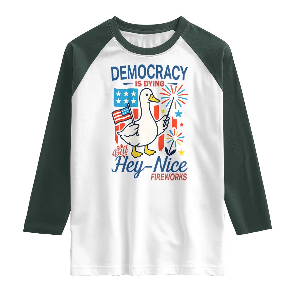 Funny Patriotic Duck Holding Firework Raglan Shirt Funny Democracy Is Dying But Hey Nice Fireworks 4th Of July