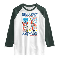 Funny Patriotic Duck Holding Firework Raglan Shirt Funny Democracy Is Dying But Hey Nice Fireworks 4th Of July