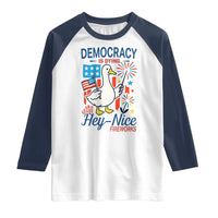 Funny Patriotic Duck Holding Firework Raglan Shirt Funny Democracy Is Dying But Hey Nice Fireworks 4th Of July