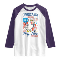 Funny Patriotic Duck Holding Firework Raglan Shirt Funny Democracy Is Dying But Hey Nice Fireworks 4th Of July