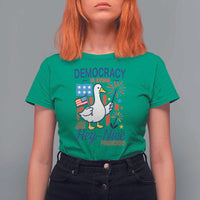 Funny Patriotic Goose Holding Firework T Shirt For Women Funny Democracy Is Dying But Hey Nice Fireworks 4th Of July