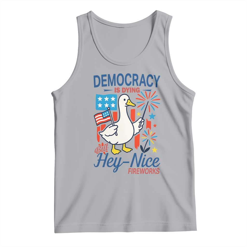 Funny Patriotic Duck Holding Firework Tank Top Funny Democracy Is Dying But Hey Nice Fireworks 4th Of July