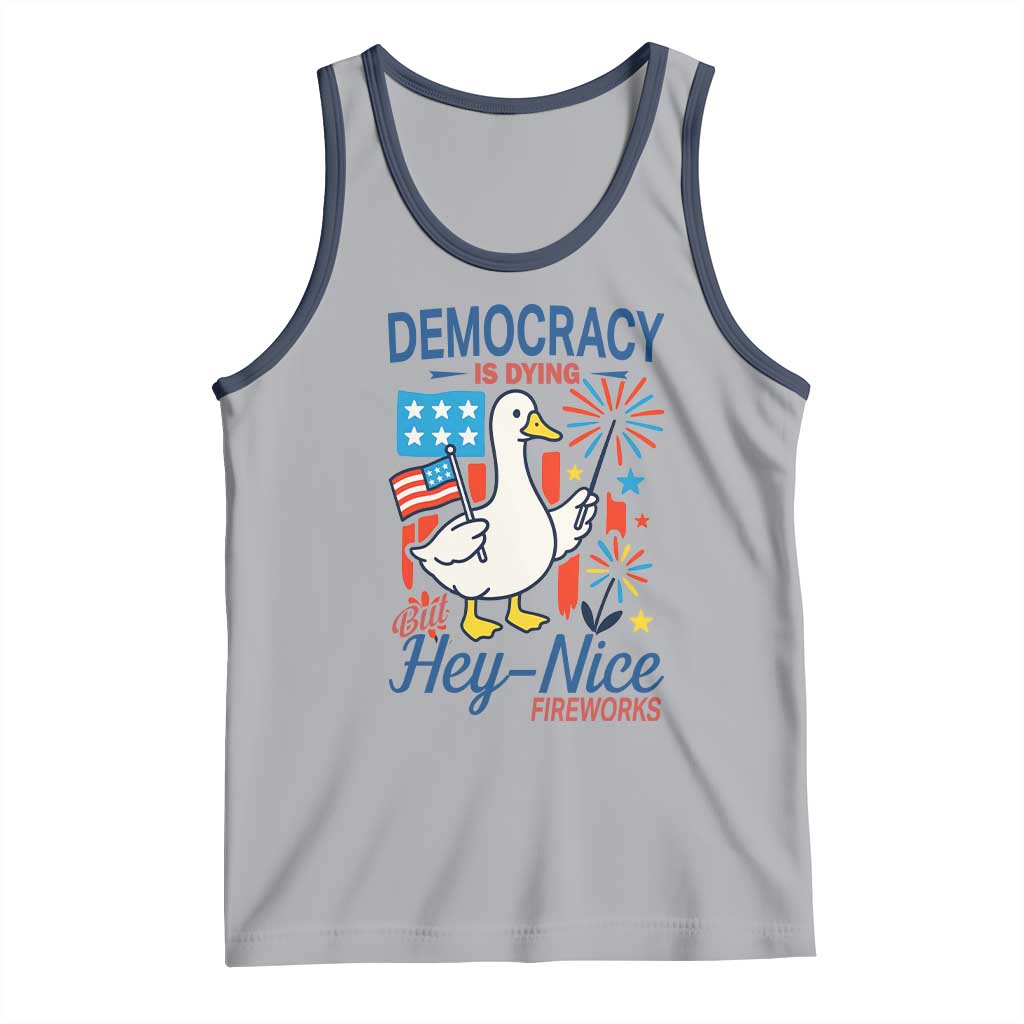 Funny Patriotic Duck Holding Firework Tank Top Funny Democracy Is Dying But Hey Nice Fireworks 4th Of July