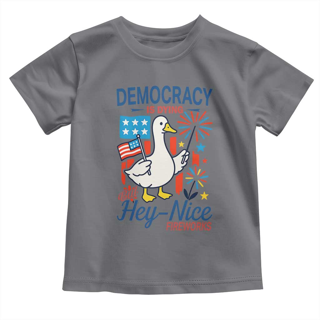 Funny Patriotic Goose Holding Firework Toddler T Shirt Funny Democracy Is Dying But Hey Nice Fireworks 4th Of July