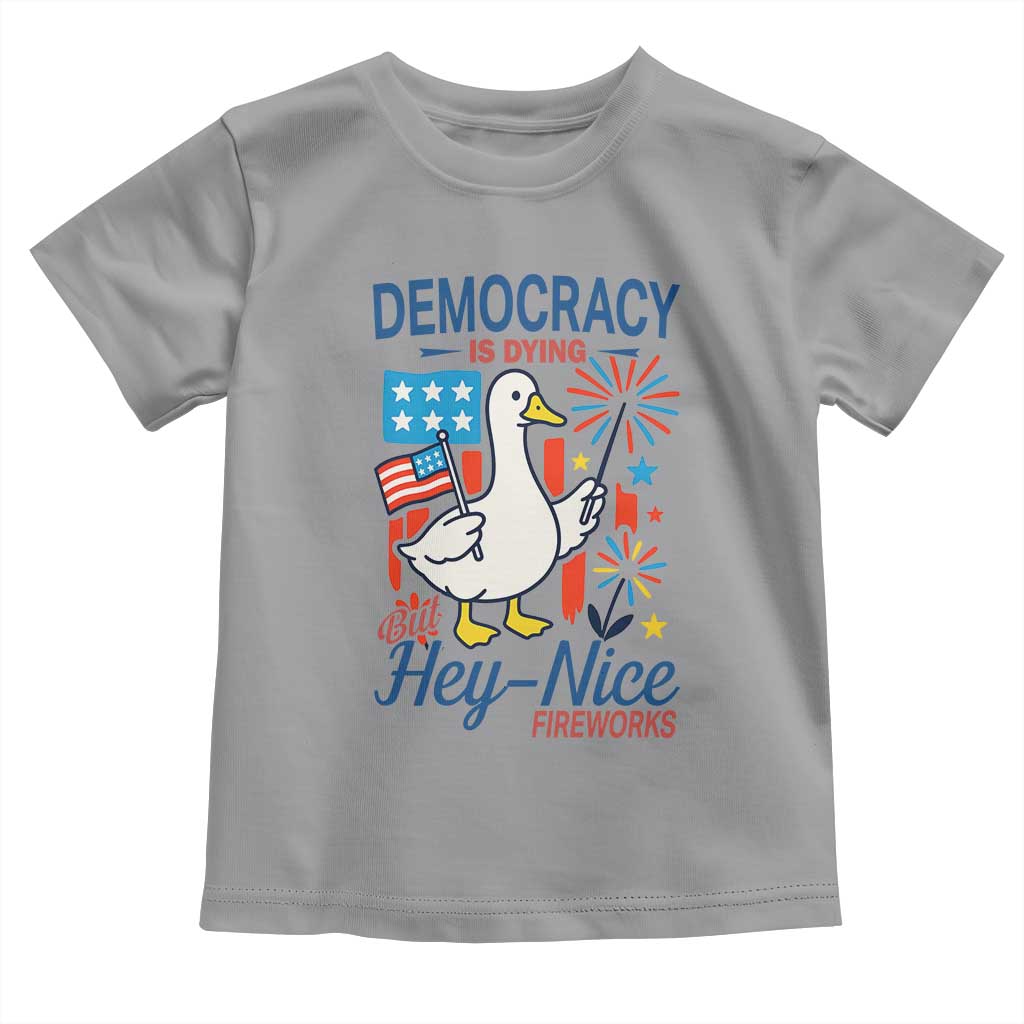 Funny Patriotic Goose Holding Firework Toddler T Shirt Funny Democracy Is Dying But Hey Nice Fireworks 4th Of July