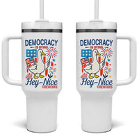 Funny Patriotic Duck Holding Firework Tumbler With Handle Funny Democracy Is Dying But Hey Nice Fireworks 4th Of July