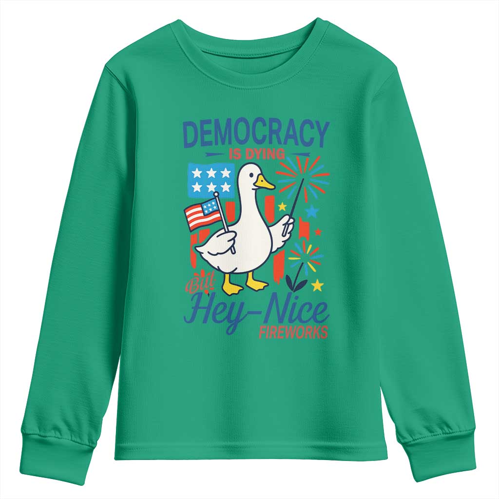 Funny Patriotic Goose Holding Firework Youth Sweatshirt Funny Democracy Is Dying But Hey Nice Fireworks 4th Of July