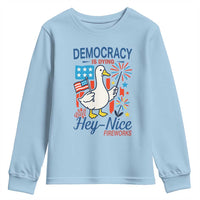 Funny Patriotic Goose Holding Firework Youth Sweatshirt Funny Democracy Is Dying But Hey Nice Fireworks 4th Of July