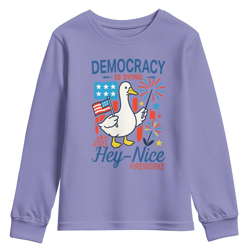 Funny Patriotic Goose Holding Firework Youth Sweatshirt Funny Democracy Is Dying But Hey Nice Fireworks 4th Of July