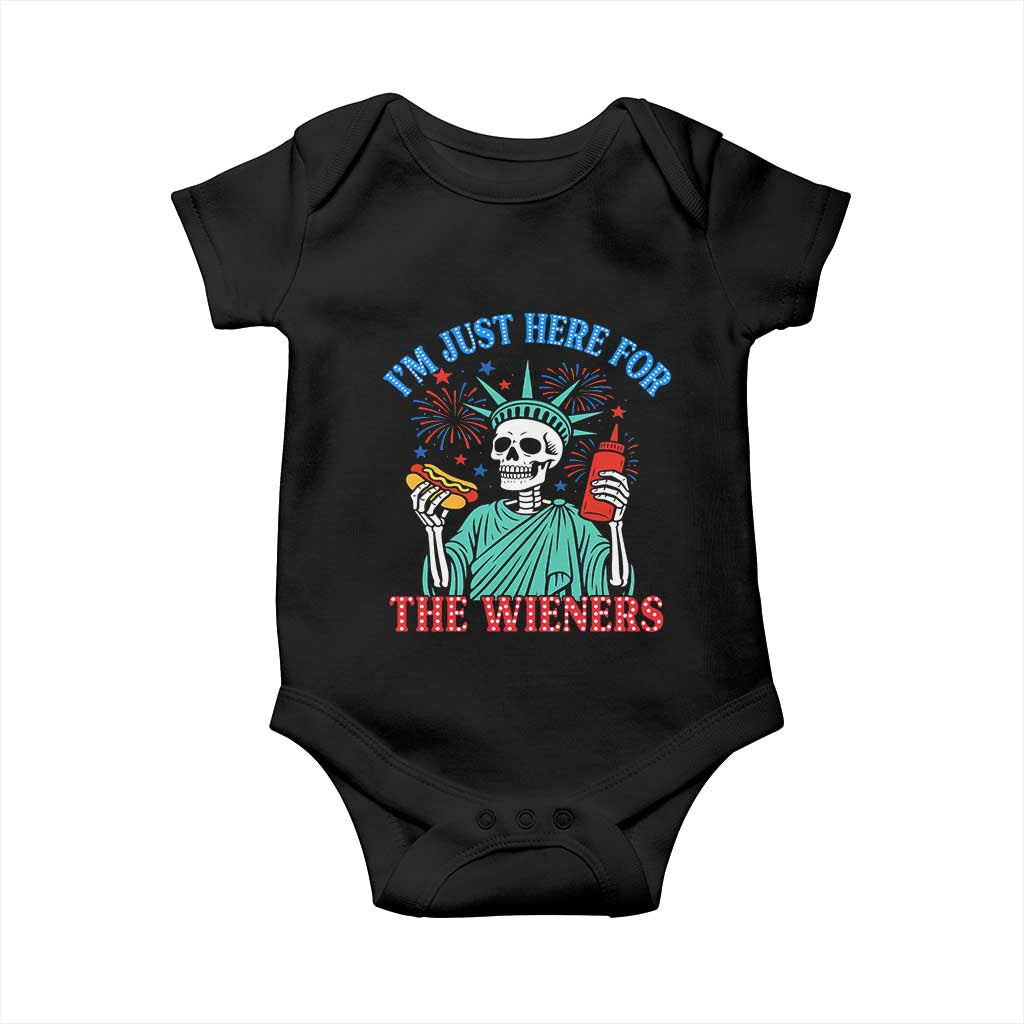 Funny Skeleton Lady Liberty Baby Onesie I'm Just Here For The Wieners 4th Of July Hot Dog - Wonder Print Shop