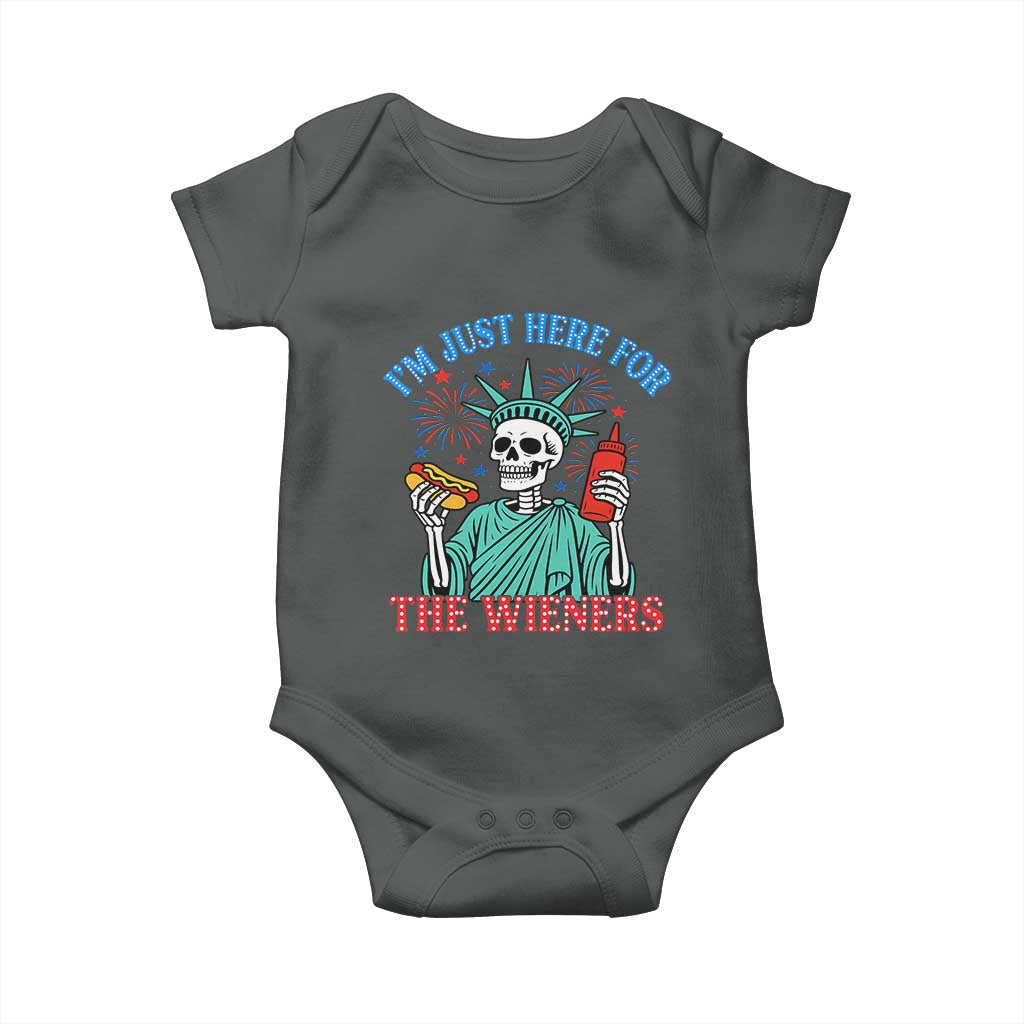 Funny Skeleton Lady Liberty Baby Onesie I'm Just Here For The Wieners 4th Of July Hot Dog - Wonder Print Shop