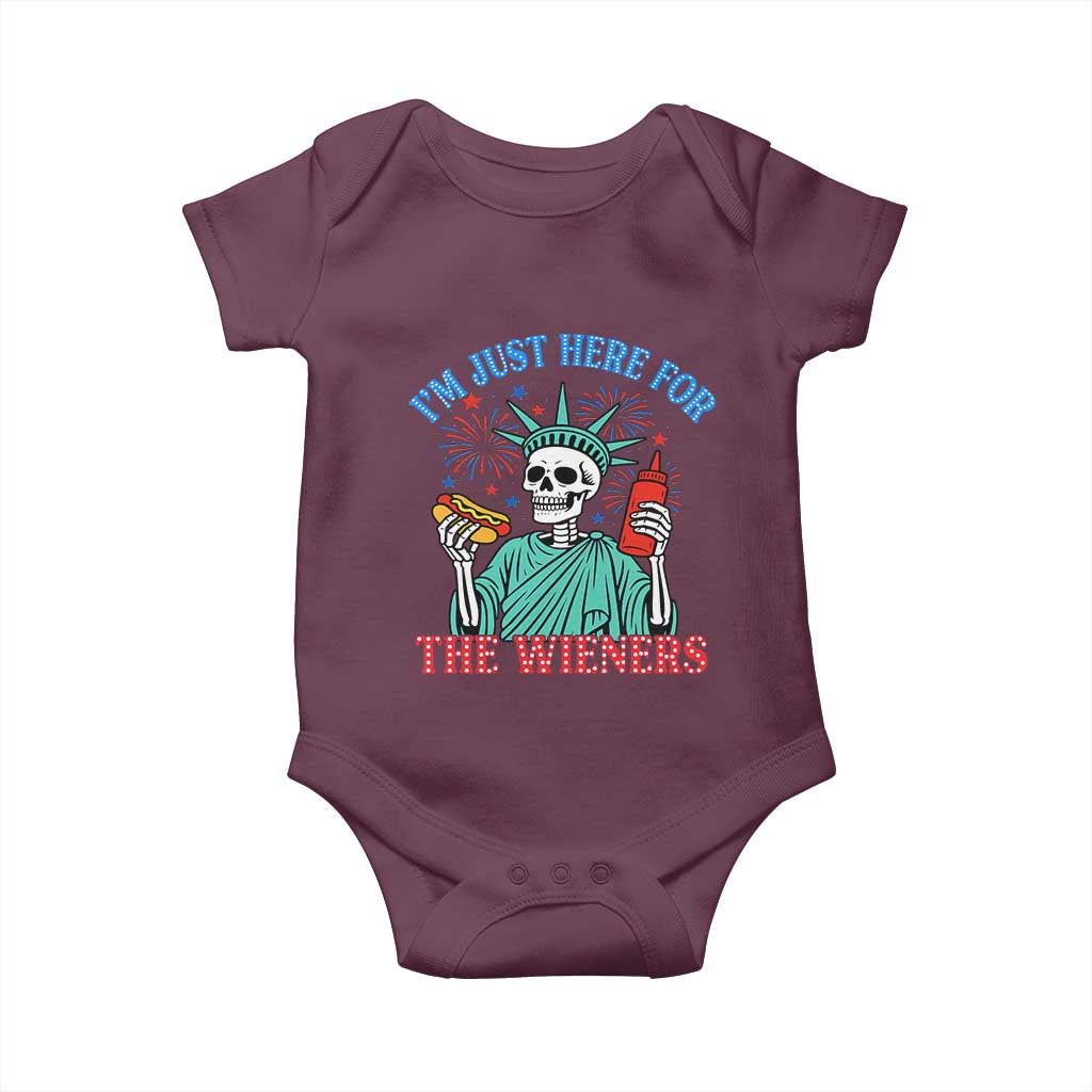 Funny Skeleton Lady Liberty Baby Onesie I'm Just Here For The Wieners 4th Of July Hot Dog - Wonder Print Shop