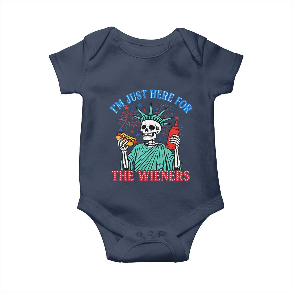 Funny Skeleton Lady Liberty Baby Onesie I'm Just Here For The Wieners 4th Of July Hot Dog - Wonder Print Shop