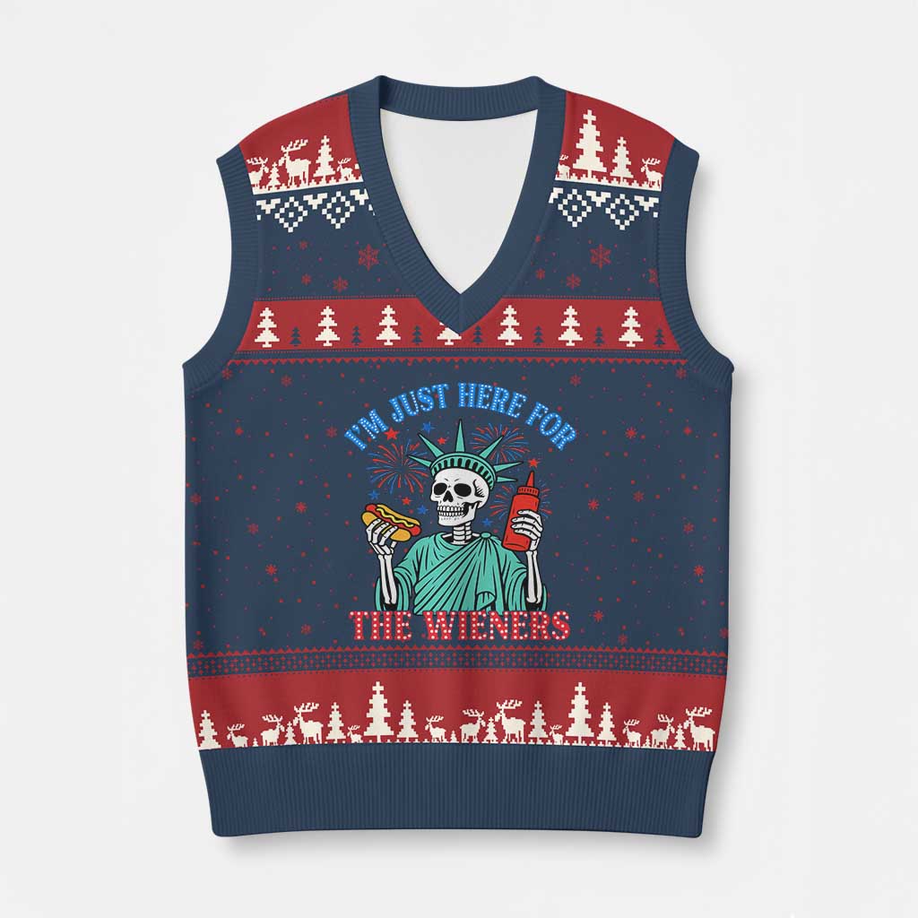 Funny Skeleton Lady Liberty V-Neck Knit Sweater Vest I'm Just Here For The Wieners 4th Of July Hot Dog - Wonder Print Shop