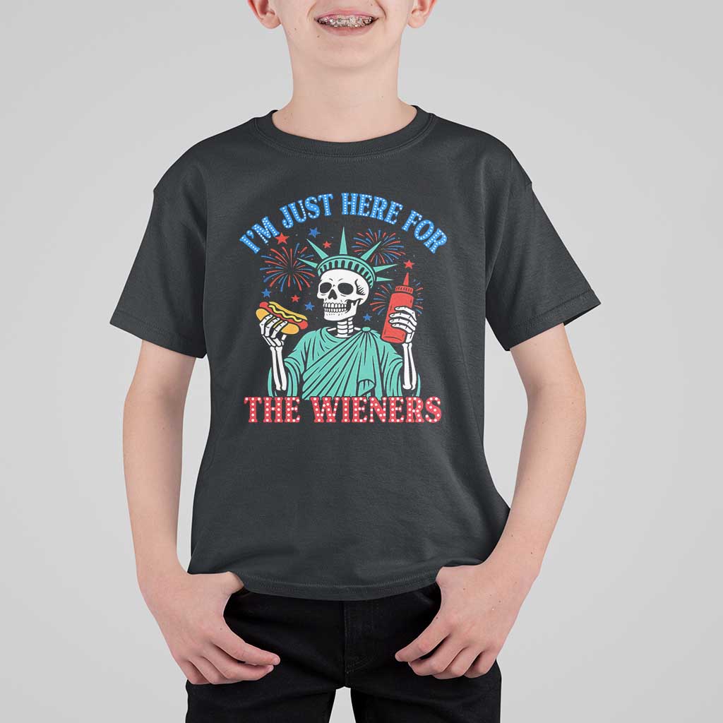 Funny Skeleton Lady Liberty T Shirt For Kid I'm Just Here For The Wieners 4th Of July Hot Dog - Wonder Print Shop