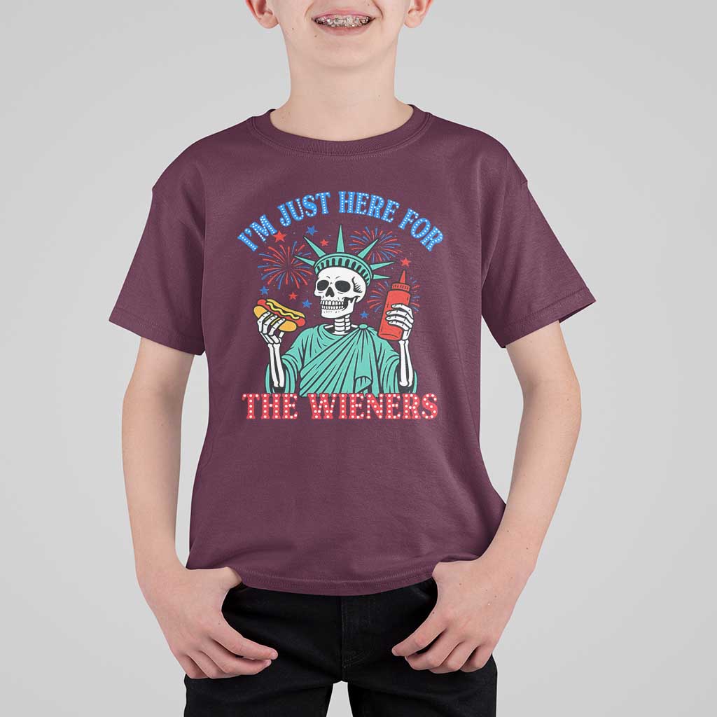 Funny Skeleton Lady Liberty T Shirt For Kid I'm Just Here For The Wieners 4th Of July Hot Dog - Wonder Print Shop