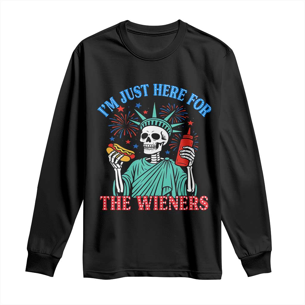 Funny Skeleton Lady Liberty Long Sleeve Shirt I'm Just Here For The Wieners 4th Of July Hot Dog - Wonder Print Shop