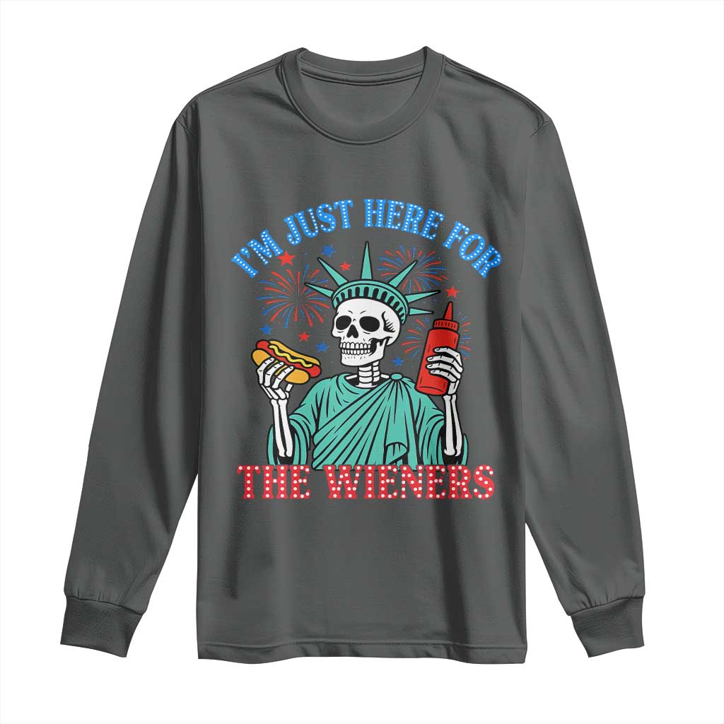 Funny Skeleton Lady Liberty Long Sleeve Shirt I'm Just Here For The Wieners 4th Of July Hot Dog - Wonder Print Shop