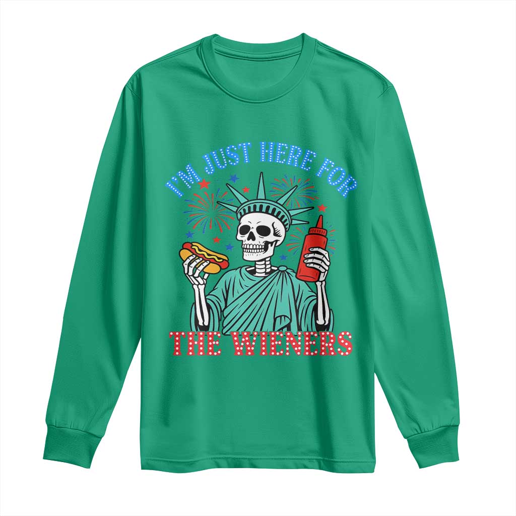 Funny Skeleton Lady Liberty Long Sleeve Shirt I'm Just Here For The Wieners 4th Of July Hot Dog - Wonder Print Shop