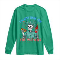 Funny Skeleton Lady Liberty Long Sleeve Shirt I'm Just Here For The Wieners 4th Of July Hot Dog - Wonder Print Shop