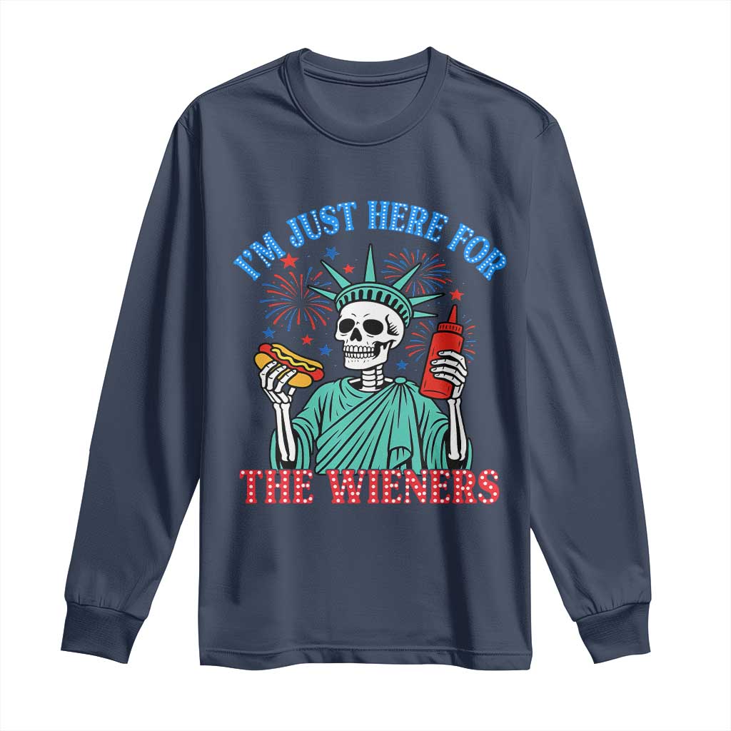 Funny Skeleton Lady Liberty Long Sleeve Shirt I'm Just Here For The Wieners 4th Of July Hot Dog - Wonder Print Shop