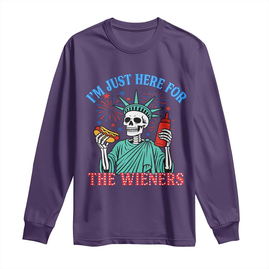 Funny Skeleton Lady Liberty Long Sleeve Shirt I'm Just Here For The Wieners 4th Of July Hot Dog - Wonder Print Shop