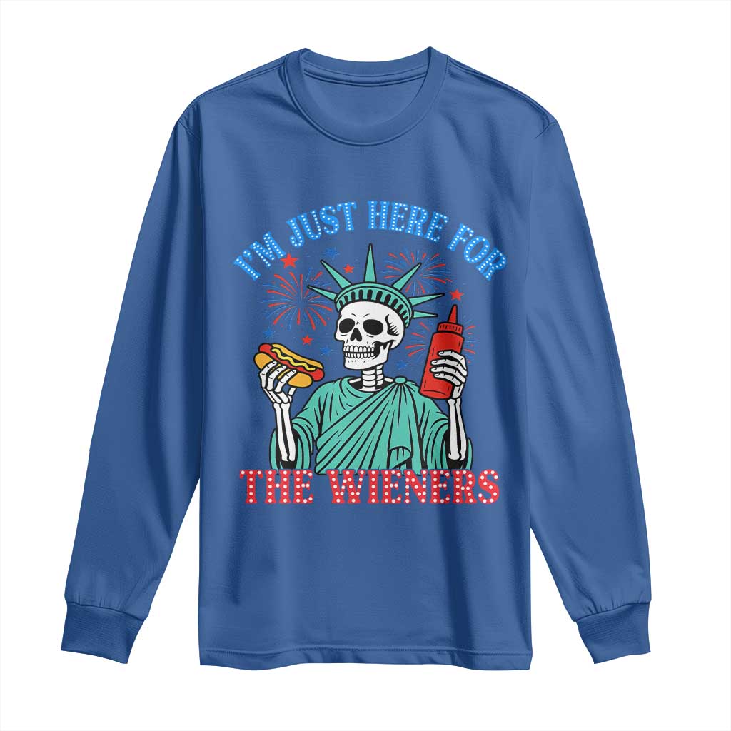 Funny Skeleton Lady Liberty Long Sleeve Shirt I'm Just Here For The Wieners 4th Of July Hot Dog - Wonder Print Shop