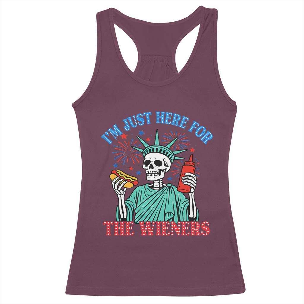 Funny Skeleton Lady Liberty Racerback Tank Top I'm Just Here For The Wieners 4th Of July Hot Dog - Wonder Print Shop