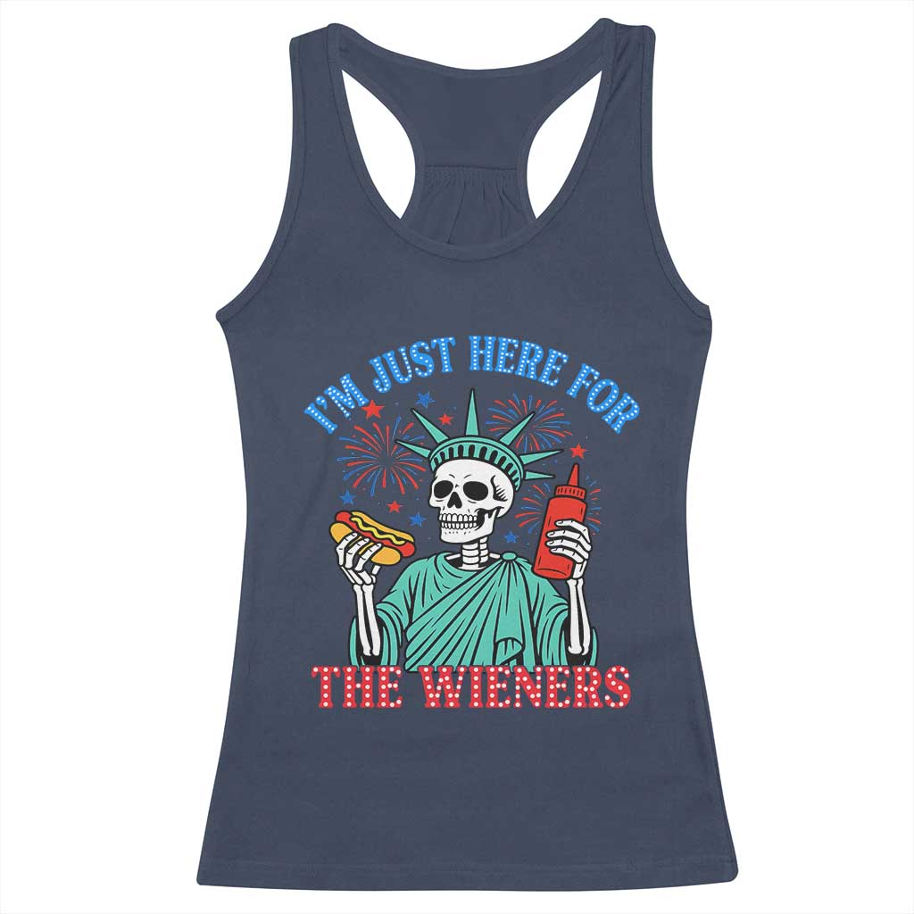 Funny Skeleton Lady Liberty Racerback Tank Top I'm Just Here For The Wieners 4th Of July Hot Dog - Wonder Print Shop