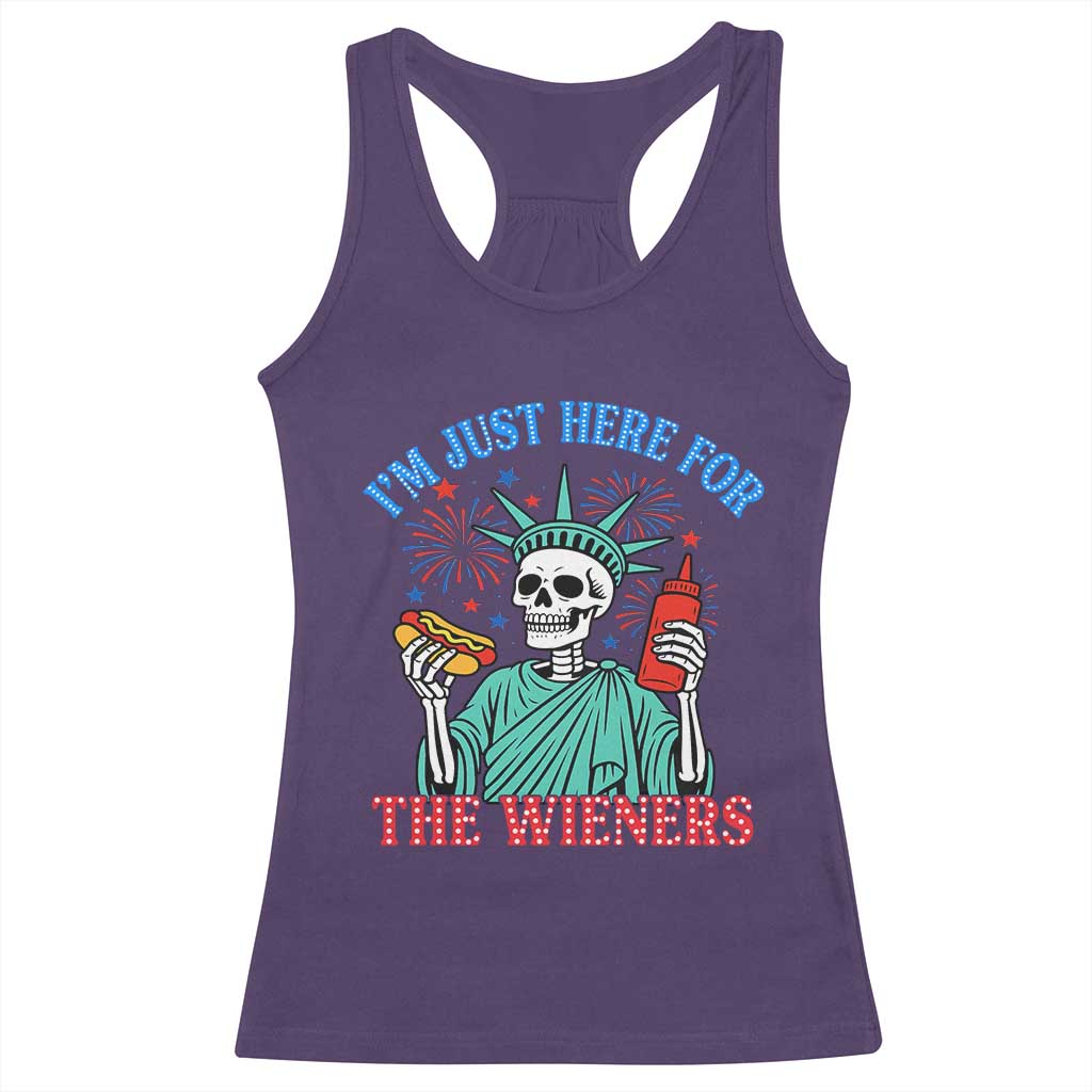 Funny Skeleton Lady Liberty Racerback Tank Top I'm Just Here For The Wieners 4th Of July Hot Dog - Wonder Print Shop