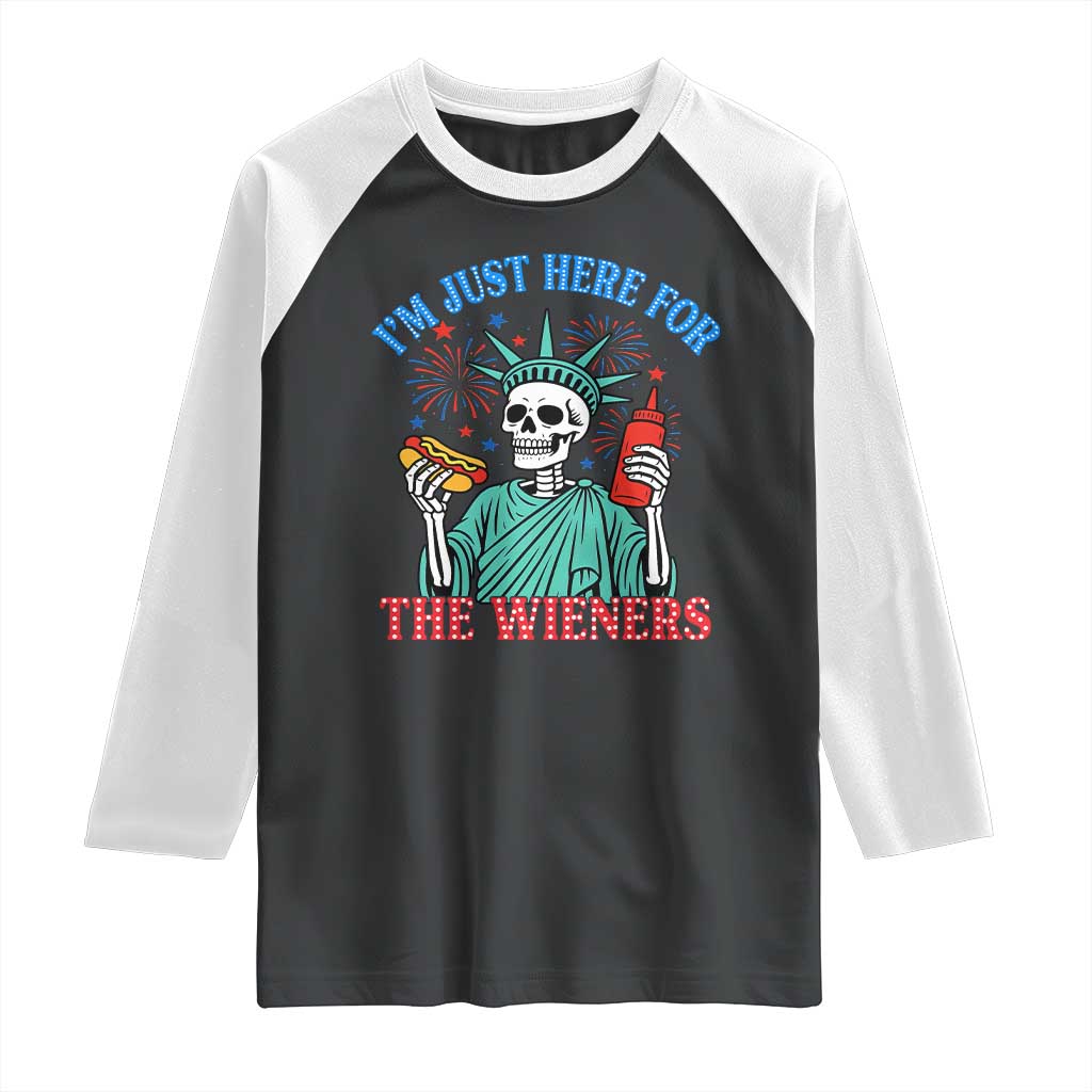 Funny Skeleton Lady Liberty Raglan Shirt I'm Just Here For The Wieners 4th Of July Hot Dog - Wonder Print Shop