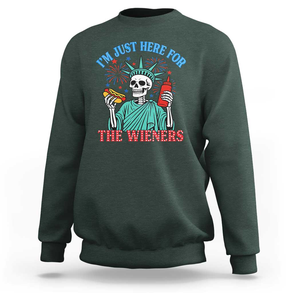 Funny Skeleton Lady Liberty Sweatshirt I'm Just Here For The Wieners 4th Of July Hot Dog - Wonder Print Shop
