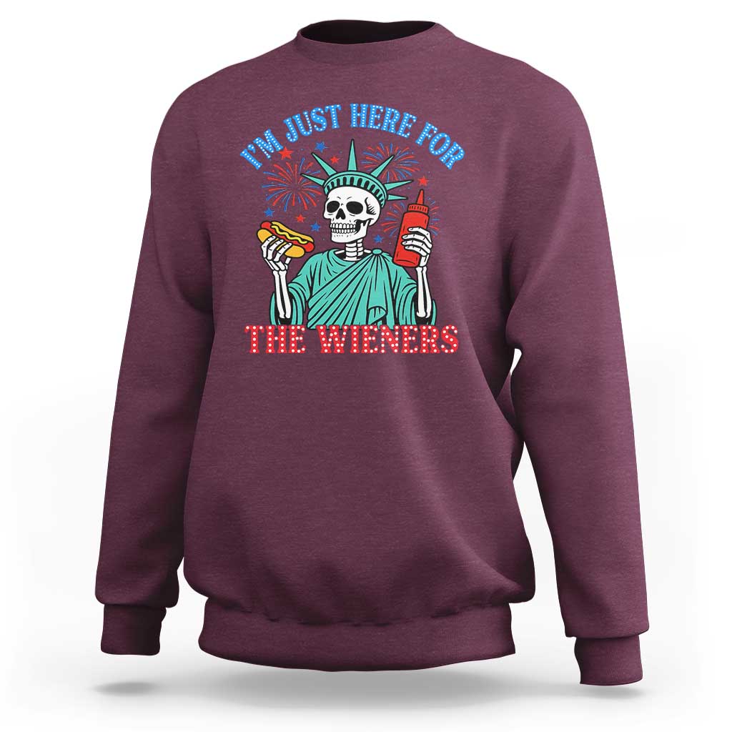 Funny Skeleton Lady Liberty Sweatshirt I'm Just Here For The Wieners 4th Of July Hot Dog - Wonder Print Shop