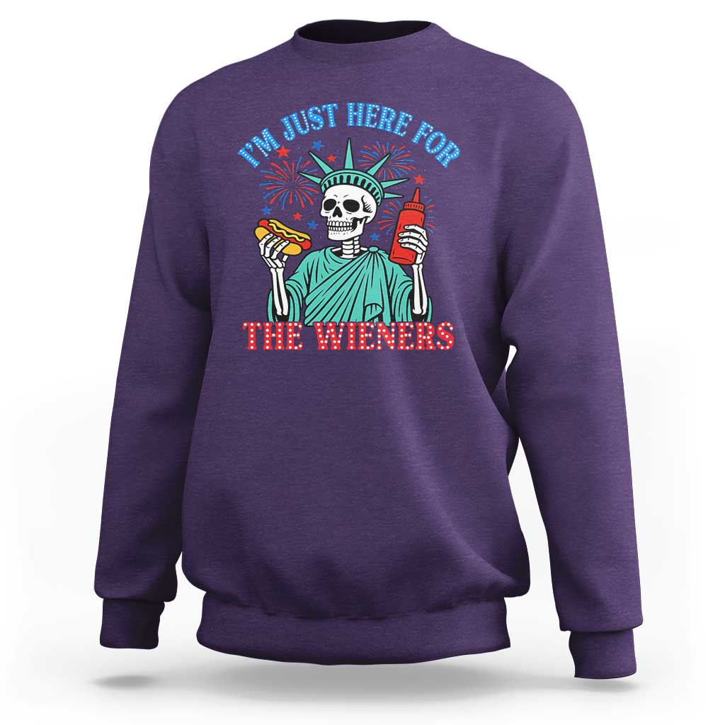 Funny Skeleton Lady Liberty Sweatshirt I'm Just Here For The Wieners 4th Of July Hot Dog - Wonder Print Shop