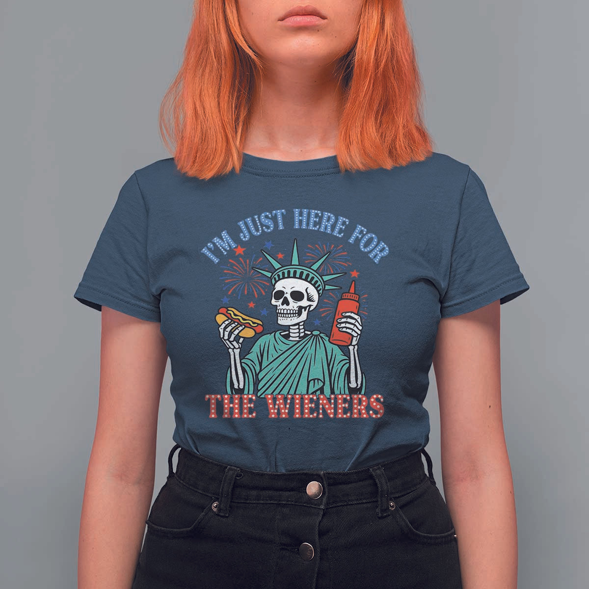 Funny Skeleton Lady Liberty T Shirt For Women I'm Just Here For The Wieners 4th Of July Hot Dog - Wonder Print Shop