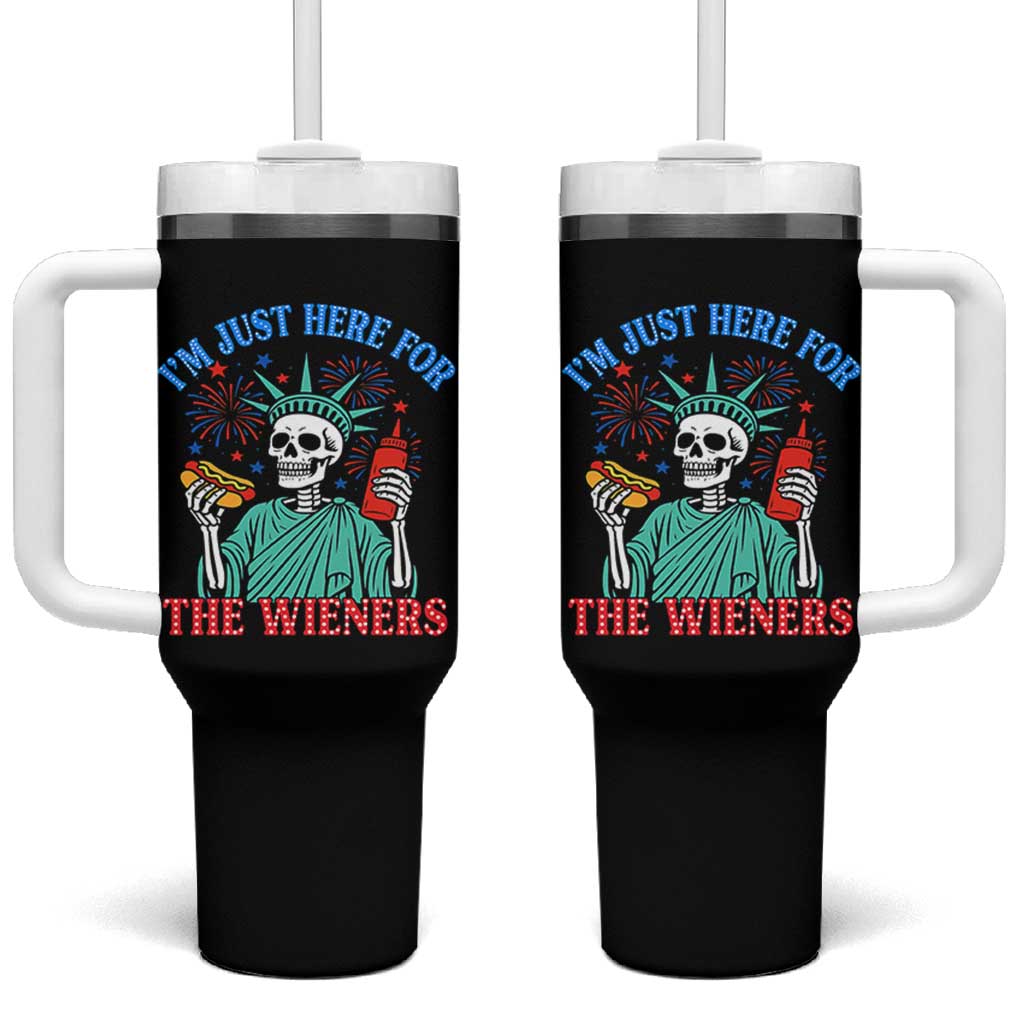 Funny Skeleton Lady Liberty Tumbler With Handle I'm Just Here For The Wieners 4th Of July Hot Dog - Wonder Print Shop