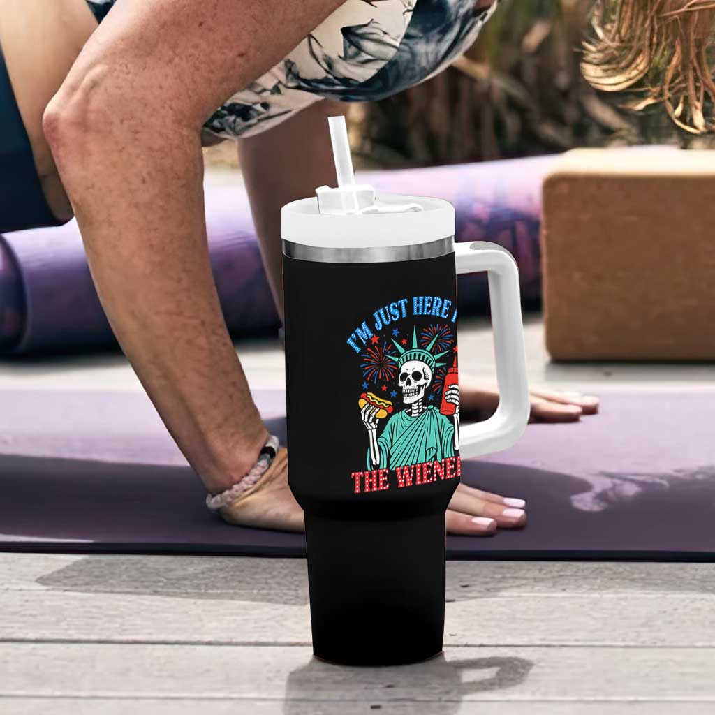 Funny Skeleton Lady Liberty Tumbler With Handle I'm Just Here For The Wieners 4th Of July Hot Dog - Wonder Print Shop