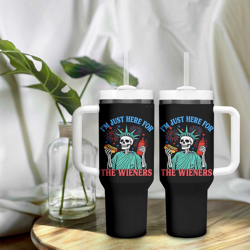Funny Skeleton Lady Liberty Tumbler With Handle I'm Just Here For The Wieners 4th Of July Hot Dog - Wonder Print Shop