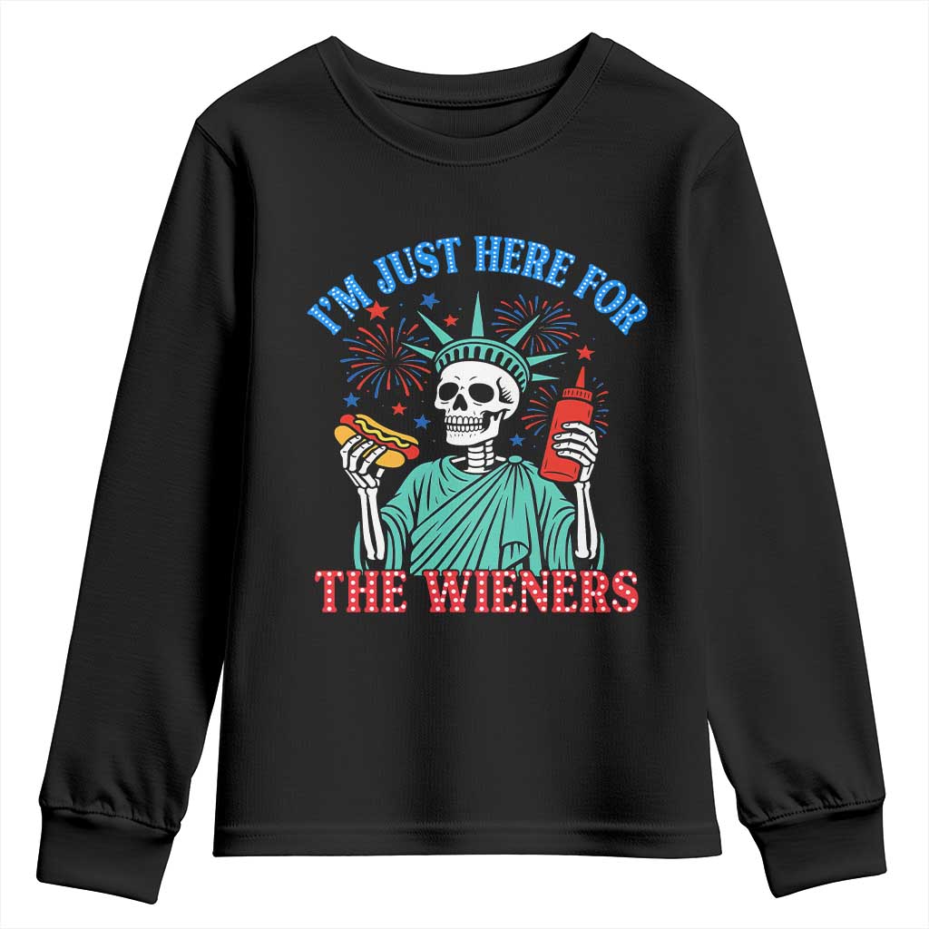 Funny Skeleton Lady Liberty Youth Sweatshirt I'm Just Here For The Wieners 4th Of July Hot Dog - Wonder Print Shop