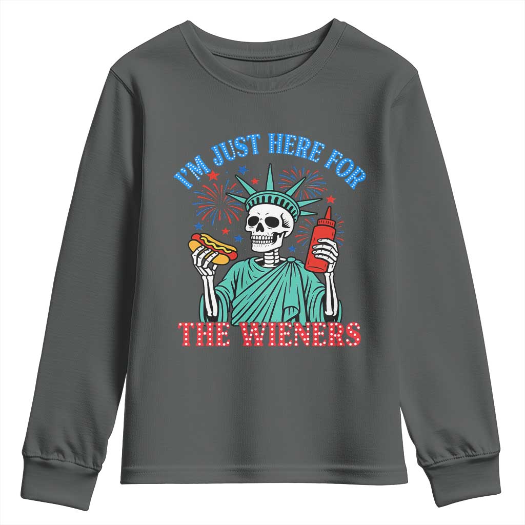 Funny Skeleton Lady Liberty Youth Sweatshirt I'm Just Here For The Wieners 4th Of July Hot Dog - Wonder Print Shop